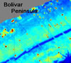 false-color images of the topography show the elevations obtained from lidar missions conducted in September 2008