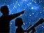 Graphic of adult, child and telescope against a starry, blue night sky