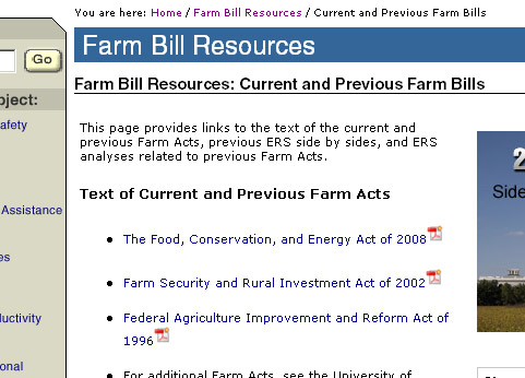 screen shot of Current and Previous Farm Bills page