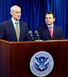 Department of Homeland Security Secretary Chertoff and Romanian Ambassador Adrian Vierita sign the Visa Waiver Program interim declaration on November 3, 2008 (DHS Photo/Cangemi)