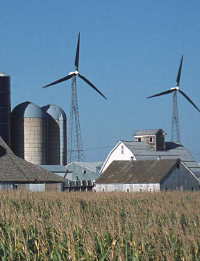 farm with wind turbines