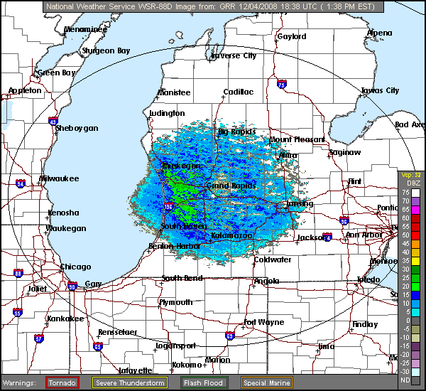 Click for latest Base Reflectivity radar loop from the Grand Rapids/Muskegon, MI radar and current weather warnings