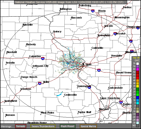 Click for latest Base Reflectivity radar loop from the St. Louis, MO radar and current weather warnings