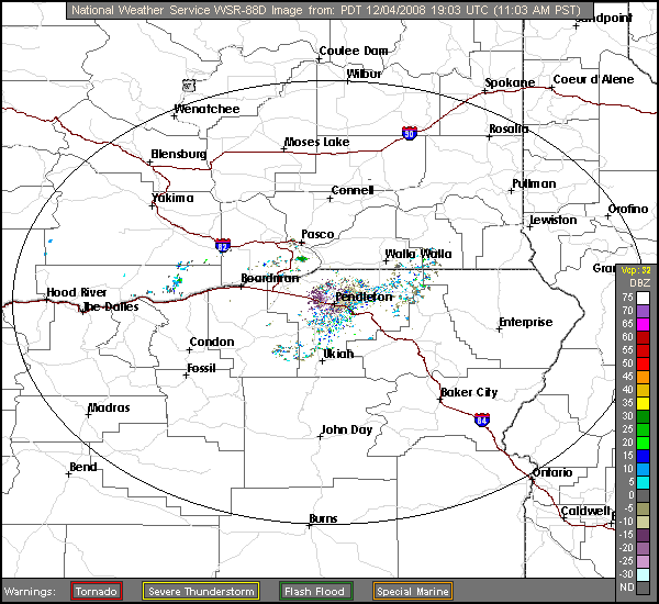 Click for latest Base Reflectivity radar loop from the Pendleton, OR radar and current weather warnings