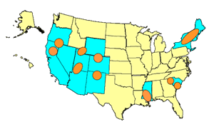 Map of the United States with CROP pilot project locations circled. From the CROP Project Summary.