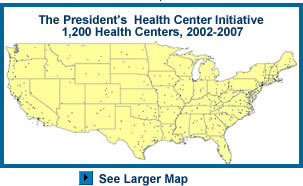 The President's Health Initiative; U.S. map showing distribution of 1,200 new or expanded Health Centers, 2002-2007