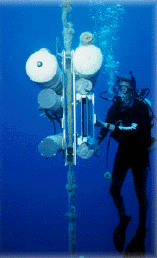 actual image: Research diver inspecting an Optical Plankton Counter on a mooring off Looe Key. Photo taken by Dave Forcucci.