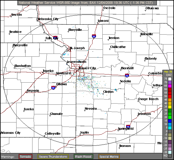 Click for latest Base Reflectivity radar loop from the Kansas City/Pleasant Hill, MO radar and current weather warnings