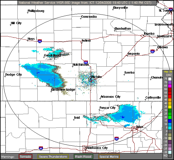 Click for latest Base Reflectivity radar loop from the Wichita, KS radar and current weather warnings