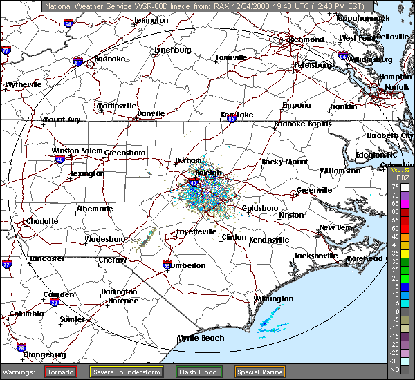 Click for latest Base Reflectivity radar loop from the Raleigh/Durham, NC radar and current weather warnings