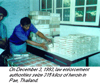 photo - On December 3, 1993, law enforcement authorities seize 315 kilos of heroin in Pae, Thailand.