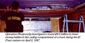 photo - Operation Reciprocity investigators found $5.6 million in street money hidden in this ceiling compartment of a truck during the El Paso seizure on April 9, 1997.