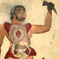 Islamic Medical Manuscripts: Illustration, in ink and opaque watercolors, of a male figure with his abdomen and chest opened to reveal the internal organs. His right hand holds a second set of genitalia, and a horn is in his other hand, with a sketch of the liver and gallbladder in the upper left corner. Undated and unsigned, probably 18th century, India. MS P 20, fol. 555a