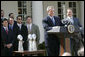 President George W. Bush speaks during a ceremony honoring the 2005 Super Bowl Champions in the Rose Garden Wednesday, April 13, 2005.  White House photo by Eric Draper