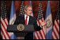 President George W. Bush delivers a point during a joint press availability Monday, March 12, 2007, with Guatemalan President Oscar Berger at the Palacio Nacional de la Cultura in Guatemala City. The President and Mrs. Bush joined the Bergers for dinner before departing Monday evening for Mexico. White House photo by Paul Morse