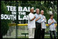 President George W. Bush is joined during the playing of the National Anthem by Roberto Clemente Jr., left, son of Hall of Famer Roberto Clemente; Angel Macias, who in 1957 became the only player to pitch a perfect game in Little League World Series history, and actor Jake T. Austin, right, who will portray Macias in an upcoming film about that game, seen together Monday, June 30, 2008, at Tee Ball on the South Lawn at the White House. White House photo by Chris Greenberg