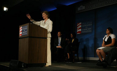 Mrs. Laura Bush speaks about expanding and strengthening faith-based and community organizatons, as well as the positive influence volunteers have had on the Gulf Coast following Hurricane Katrina during her appearance at the White House Office of Faith-Based and Community Initiatives Gulf Coast Summit Friday, May 30, 2008, in New Orleans. White House photo by Shealah Craighead