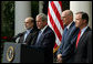 President George W. Bush stands with Federal Reserve Chairman Ben Bernanke, left, SEC Chairman Chris Cox, right, and Treasury Secretary Hank Paulson as he delivers a statement on the economy Friday, Sept. 19, 2008, in the Rose Garden of the White House. Said the President, "This is a pivotal moment for America's economy. We must act now to protect our nation's economic health from serious risk." White House photo by Joyce N. Boghosian