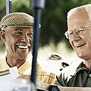 Senior citizens smiling in a golf cart