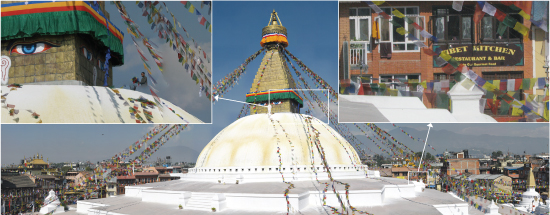 A high-resolution composite photograph shows a monk atop a temple in Nepal, the temple at a distance, and a restaurant behind the temple.