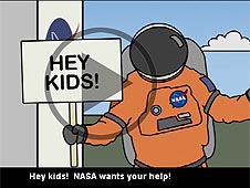 A cartoon drawing of an astronaut in an orange suit holding a sign that says Hey Kids!