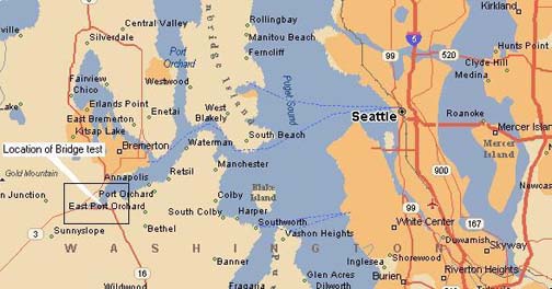 regional map showing generalized location of bridge test south of Bremerton, west of Puget Sound