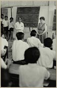 Margaret Mead talking to Balinese students