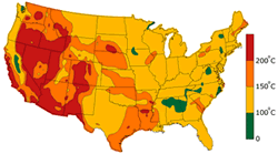 Map of United States  using color to show the various subterranean temperature ranges.