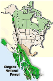 Simple map showing Tongass National Forest covering Southeast Alaska and the area around Yakutat.