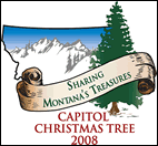 Capitol Christmas Tree 2008: Sharing Montana's Treasures.  A graphic with the tree and mountains in the background, the shape of which is simliar to Montana's state boundary.