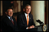 President Bush and Pakistani President Pervez Musharraf address the media in the Cross Hall, Feb. 13. "The forces of history have accelerated the growth of friendship between the United States and Pakistan," said President Bush.