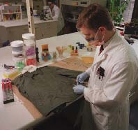 A DNAUI biologist cuts a bloodstain from a shirt to be further characterized by nuclear DNA analysis.