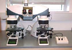 The comparison microscope is routinely used for side-by-side comparison of hairs and fibers.