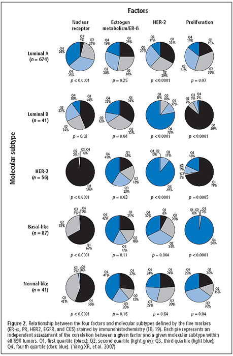 Figure 2. Relationship between the four factors and molecular subtypes defined by the five markers ...