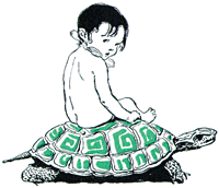 Tom sitting on a turtle