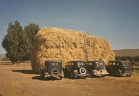 Hay stack and automobile of peach pickers