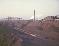 Hanna furnaces of the Great Lakes Steel Corporation, stock pile of coal and iron ore