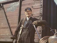 Mike Evans, a welder, at the rip tracks at Proviso yard of the Chicago and Northwest Railway Company