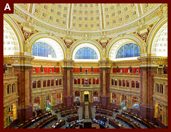 Main Reading Room. View from above showing researcher desks and looking toward the clock. Library of Congress Thomas Jefferson Building, Washington, D.C. 2007