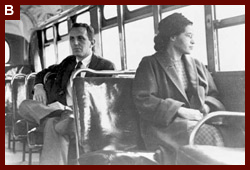 Rosa Parks, three-quarter length portrait, seated toward front of bus, facing right, Montgomery, Ala. 1956