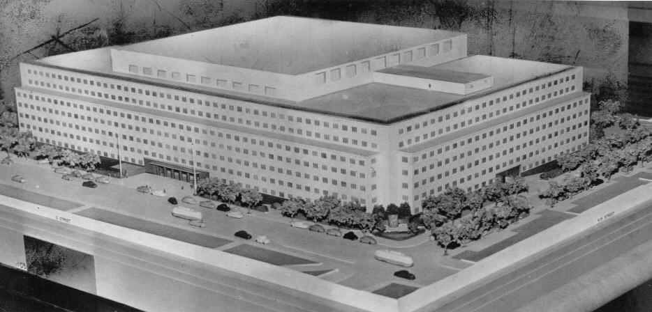 Model of GAO building, 1949, showing proposed outdoor sculpture