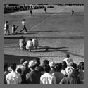 A crowd in the stands watch a baseball game.