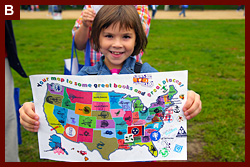 Bridie Daley, 9, from Frederick, Md., displays her literary map of the United States, 'Discover Great Places Through Reading.' 2006