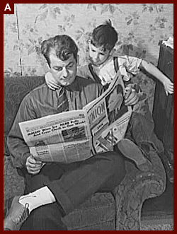 Butte, Montana. Victor Rauh and one of his children reading a newspaper. 1942