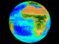 Satellite image of Africa and surrounding waters.