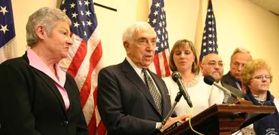 Senator Lautenberg joins family members of victims of the Pan Am 103 bombing in the U.S. Capitol to announce a final resolution of their claims against the Libyan government. After a 20-year fight to get justice from Libya, Lautenberg and the families succeeded when Libya made its final settlement payments last month. Pictured from left are Kathleen Flynn, Kara Weipz and Glenn and Carole Johnson, all who lost loved ones in the bombing, and Doug Rosenthal, an attorney who represented the families. (November 20, 2008)
