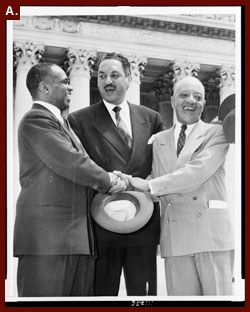 Left to right: George E.C. Hayes, Thurgood Marshall and James M. Nabrit, congratulating each other, following Supreme Count decision declaring segregation unconstitutional