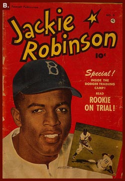 Head-and-shoulders portrait of Jackie Robinson in Brooklyn Dodgers cap; inset image shows Jackie Robinson covering a slide at second base,