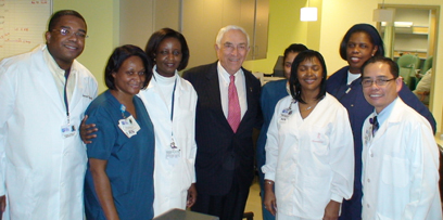 Senator Lautenberg meets with doctors and nurses at East Orange General Hospital. Senator Lautenberg was at the hospital to announce more than $600,000 in federal funding for improvements to the hospital's emergency department. East Orange General has becomes one of the area's largest hospitals, serving more than 100,000 residents in East Orange and other neighboring communities in Essex County. (January 7, 2008)