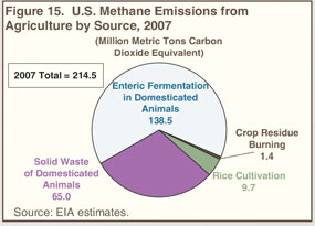 Figure 15. U.S. Methane Emissions from Agriculture by Source, 2007.  Need help, contact the National Energy Information Center at 202-586-8800.